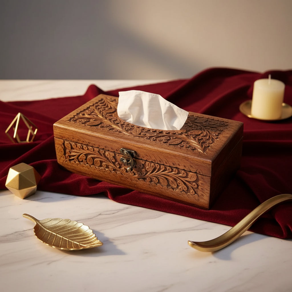 Wooden tissue box with floral designs on a light surface