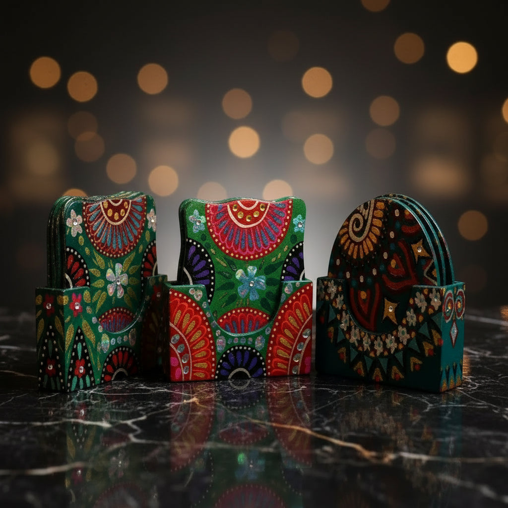 Three colorful desk organizers with intricate patterns on a white background