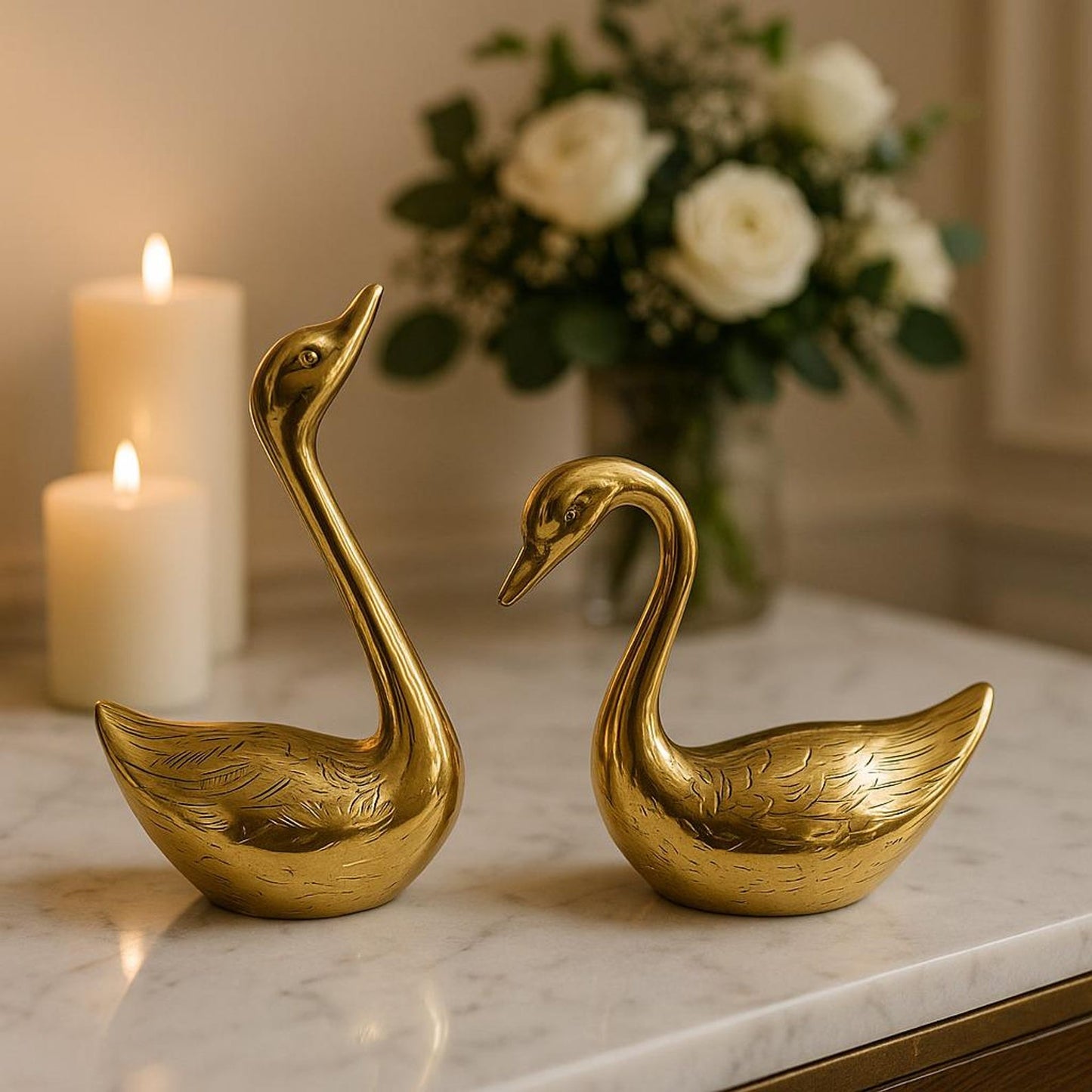 Handcrafted Brass Swan Pair – Gold Decorative Sculptures for Home & Office