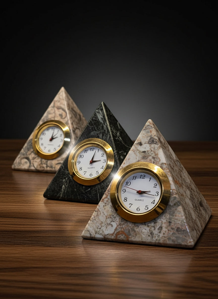 Three pyramid-shaped clocks with gold and marble designs on a wooden surface.
